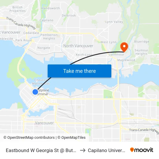 Eastbound W Georgia St @ Bute St to Capilano University map