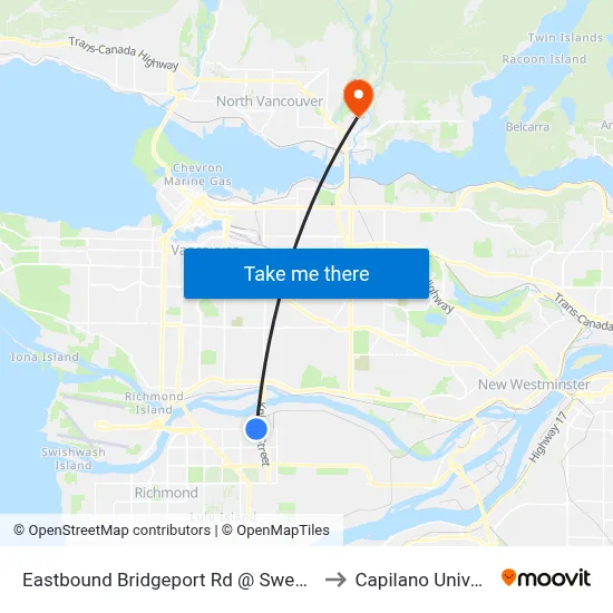 Eastbound Bridgeport Rd @ Sweden Way to Capilano University map