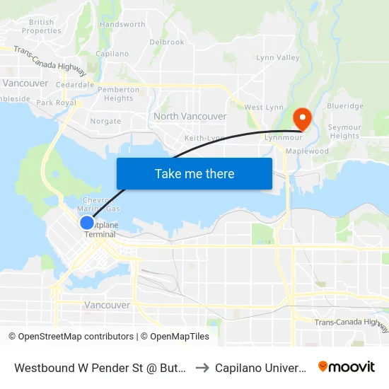 Westbound W Pender St @ Bute St to Capilano University map