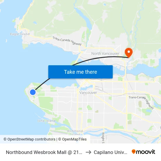 Northbound Wesbrook Mall @ 2100 Block to Capilano University map