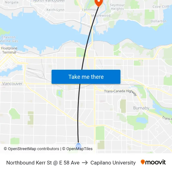 Northbound Kerr St @ E 58 Ave to Capilano University map