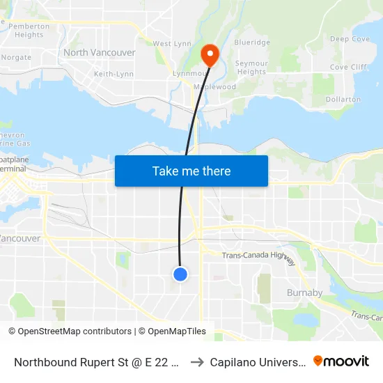 Northbound Rupert St @ E 22 Ave to Capilano University map