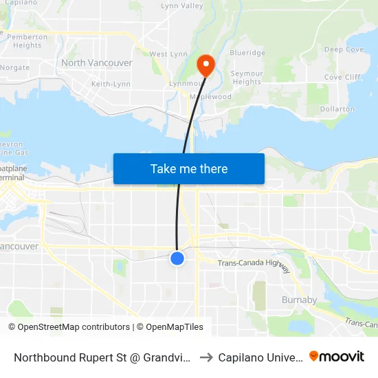 Northbound Rupert St @ Grandview Hwy to Capilano University map