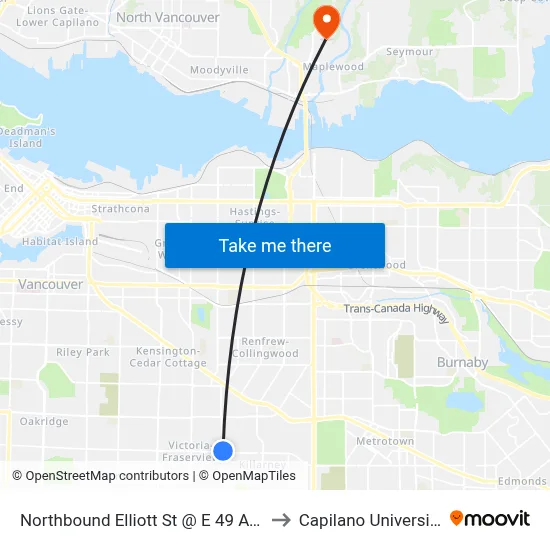 Northbound Elliott St @ E 49 Ave to Capilano University map