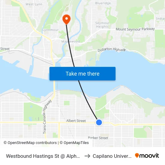 Westbound Hastings St @ Alpha Ave to Capilano University map