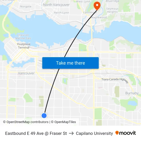 Eastbound E 49 Ave @ Fraser St to Capilano University map