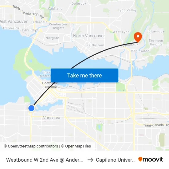 Westbound W 2nd Ave @ Anderson St to Capilano University map