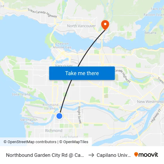 Northbound Garden City Rd @ Capstan Way to Capilano University map