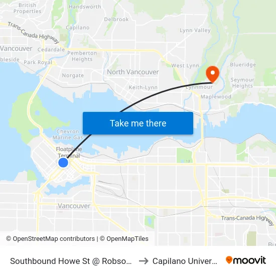 Southbound Howe St @ Robson St to Capilano University map