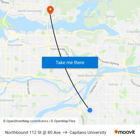 Northbound 112 St @ 80 Ave to Capilano University map