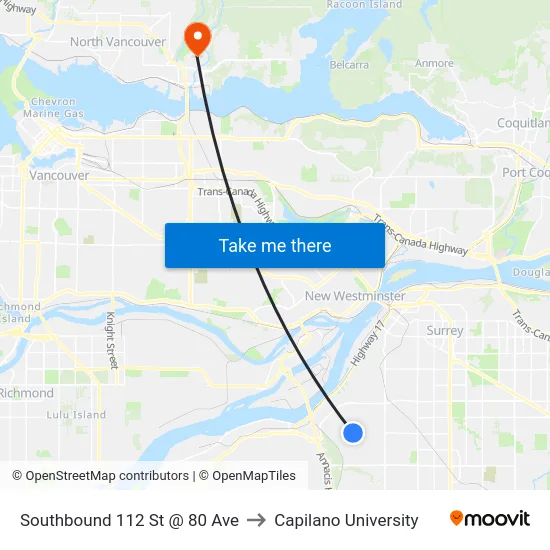 Southbound 112 St @ 80 Ave to Capilano University map