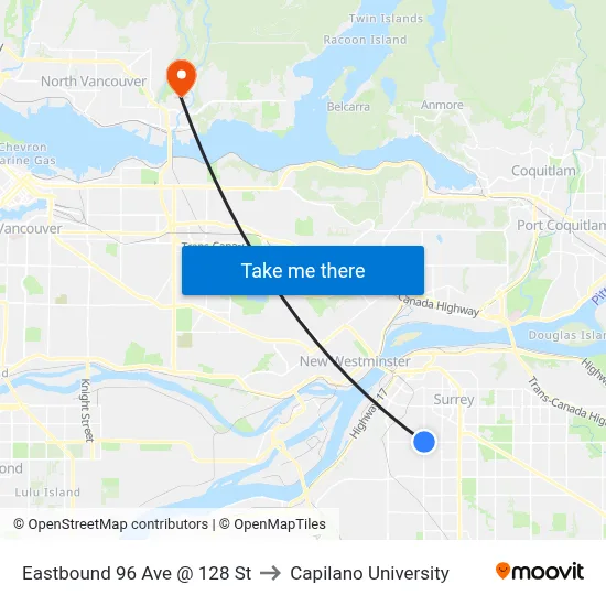 Eastbound 96 Ave @ 128 St to Capilano University map