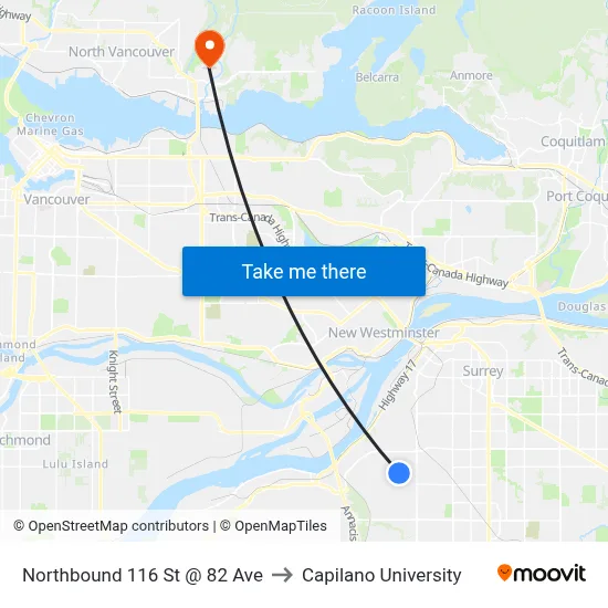 Northbound 116 St @ 82 Ave to Capilano University map