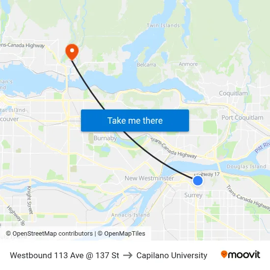 Westbound 113 Ave @ 137 St to Capilano University map