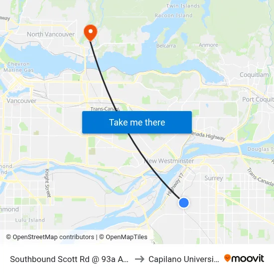 Southbound Scott Rd @ 93a Ave to Capilano University map