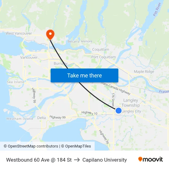 Westbound 60 Ave @ 184 St to Capilano University map