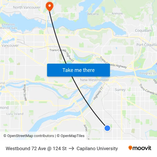 Westbound 72 Ave @ 124 St to Capilano University map