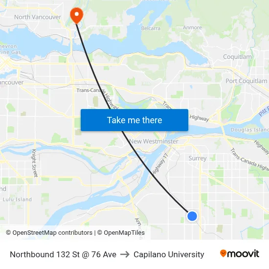 Northbound 132 St @ 76 Ave to Capilano University map