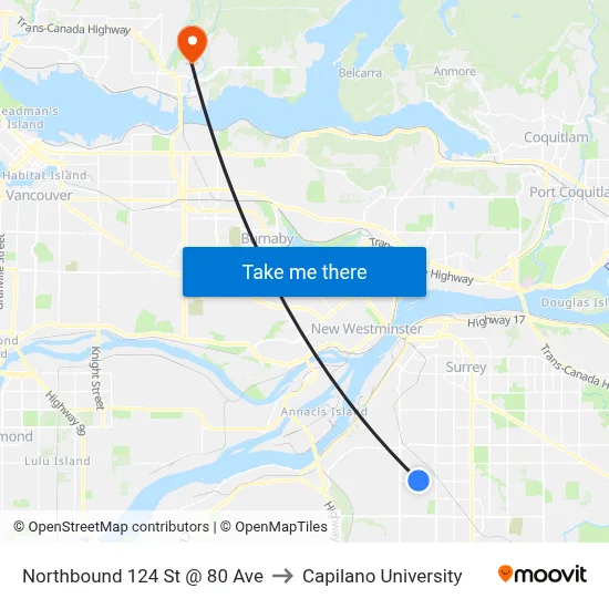 Northbound 124 St @ 80 Ave to Capilano University map