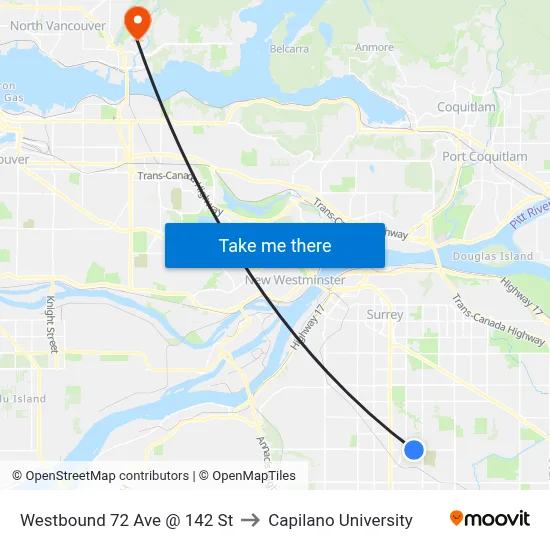 Westbound 72 Ave @ 142 St to Capilano University map