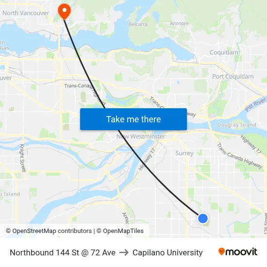 Northbound 144 St @ 72 Ave to Capilano University map