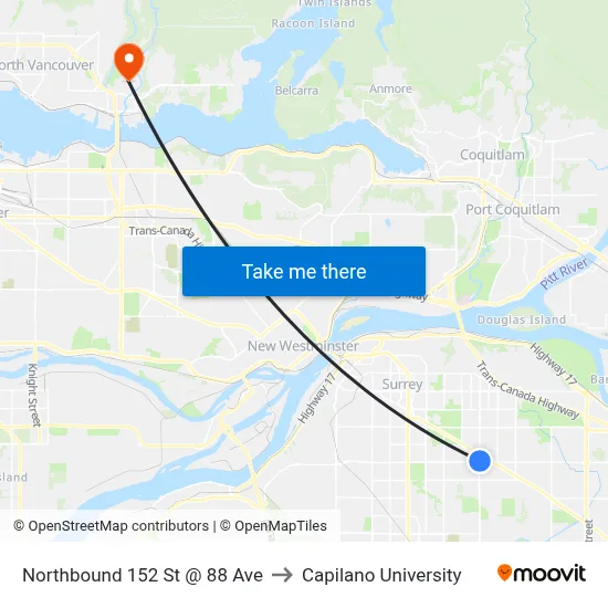 Northbound 152 St @ 88 Ave to Capilano University map