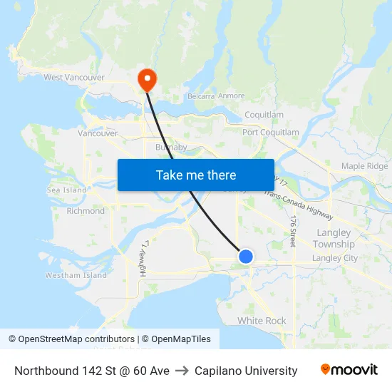 Northbound 142 St @ 60 Ave to Capilano University map