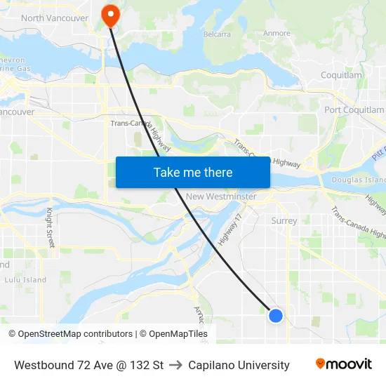 Westbound 72 Ave @ 132 St to Capilano University map