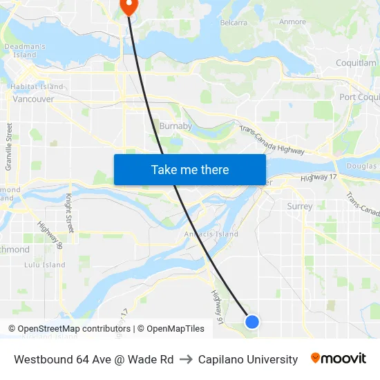 Westbound 64 Ave @ Wade Rd to Capilano University map