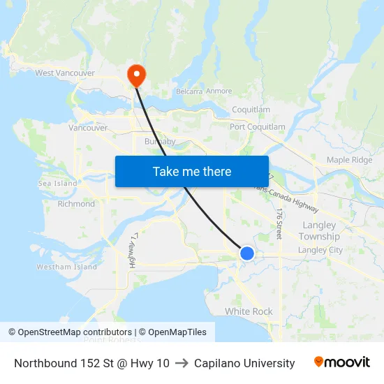 Northbound 152 St @ Hwy 10 to Capilano University map