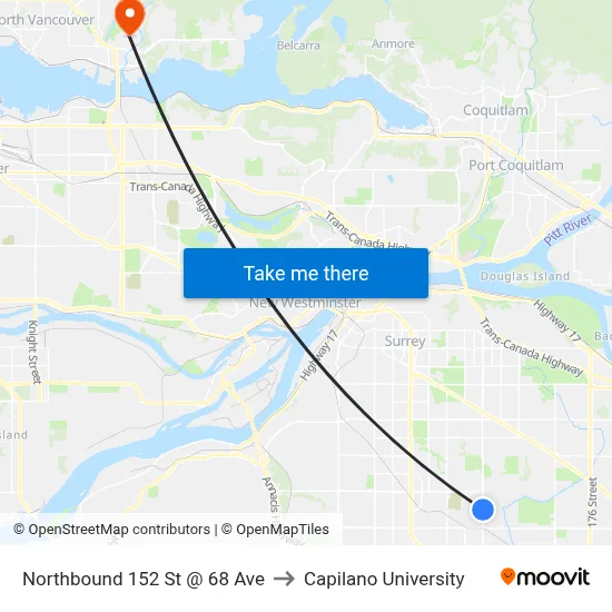 Northbound 152 St @ 68 Ave to Capilano University map