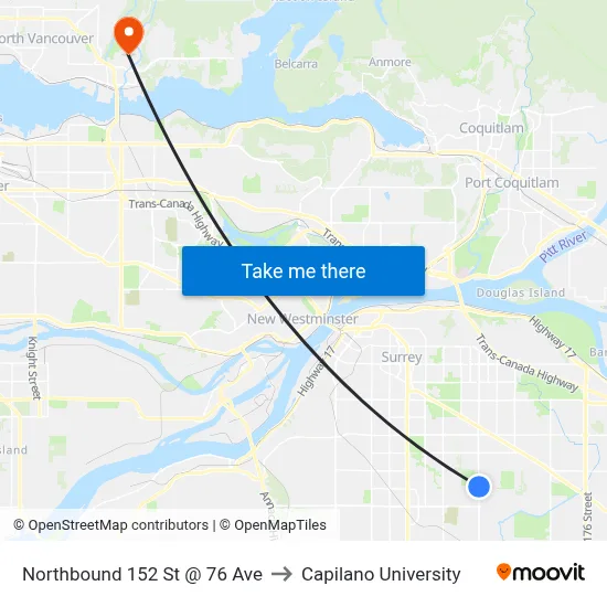 Northbound 152 St @ 76 Ave to Capilano University map