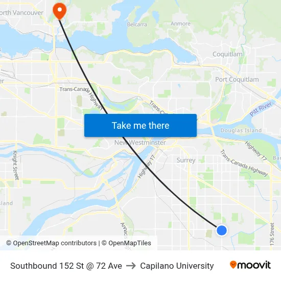 Southbound 152 St @ 72 Ave to Capilano University map