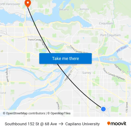 Southbound 152 St @ 68 Ave to Capilano University map