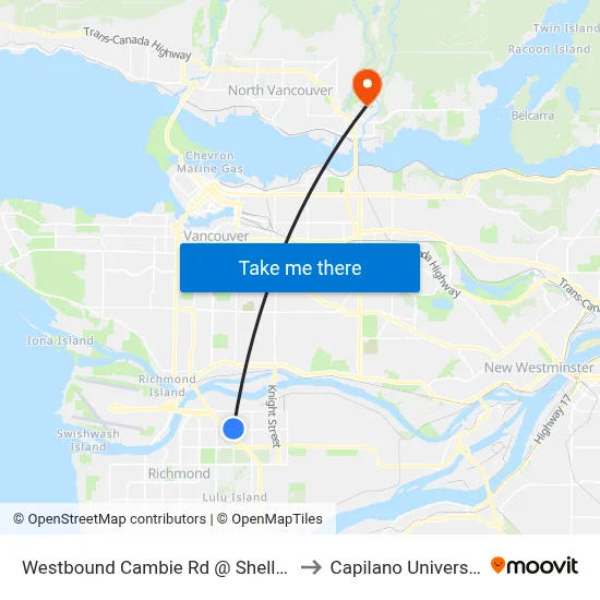 Westbound Cambie Rd @ Shell Rd to Capilano University map