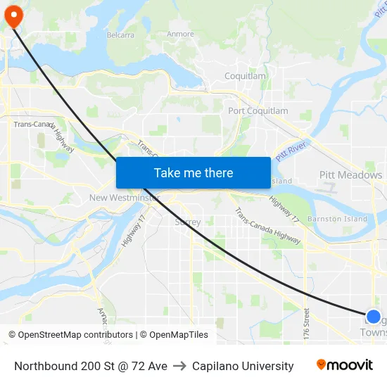 Northbound 200 St @ 72 Ave to Capilano University map