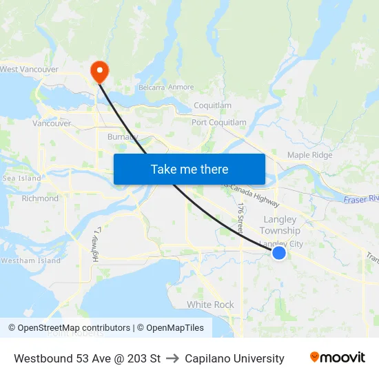 Westbound 53 Ave @ 203 St to Capilano University map