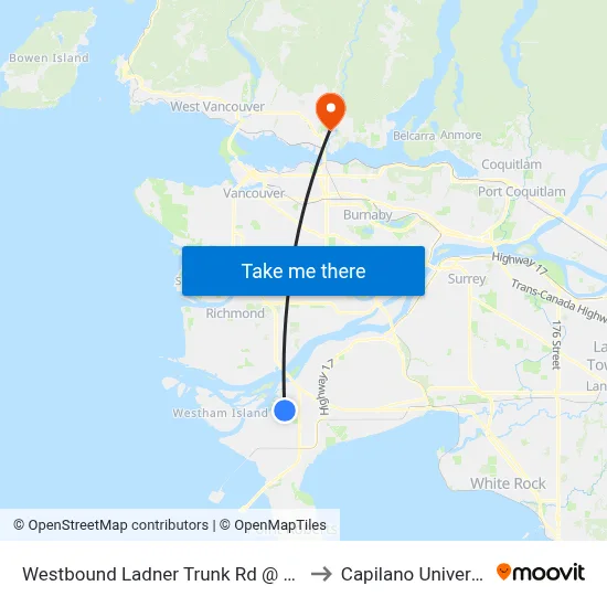 Westbound Ladner Trunk Rd @ 53 St to Capilano University map