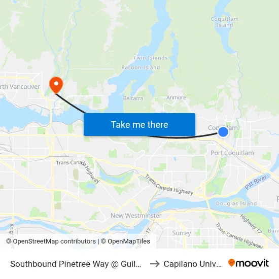 Southbound Pinetree Way @ Guildford Way to Capilano University map