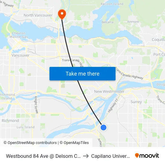 Westbound 84 Ave @ Delsom Cres to Capilano University map