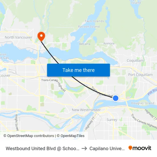 Westbound United Blvd @ Schooner St to Capilano University map