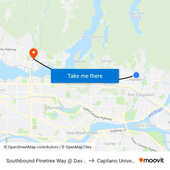 Southbound Pinetree Way @ David Ave to Capilano University map