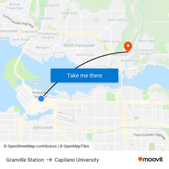 Granville Station to Capilano University map