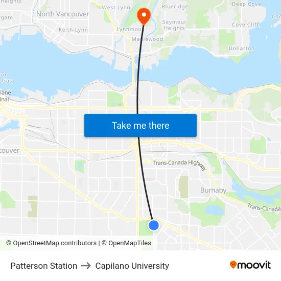 Patterson Station to Capilano University map