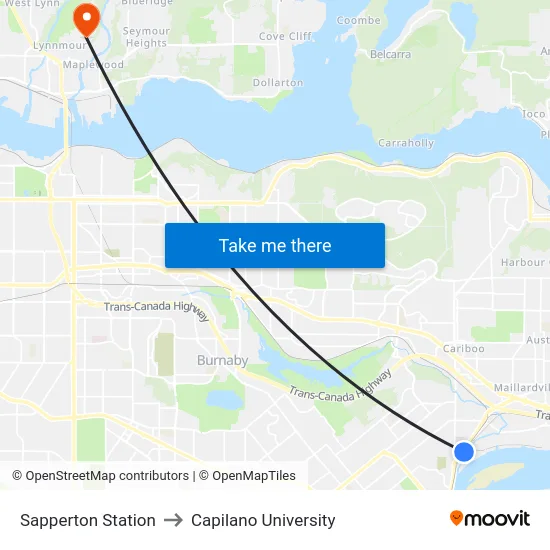 Sapperton Station to Capilano University map