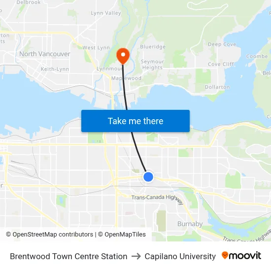 Brentwood Town Centre Station to Capilano University map