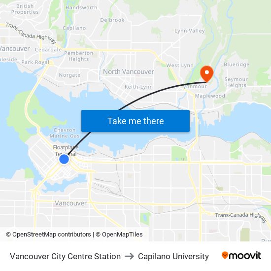 Vancouver City Centre Station to Capilano University map