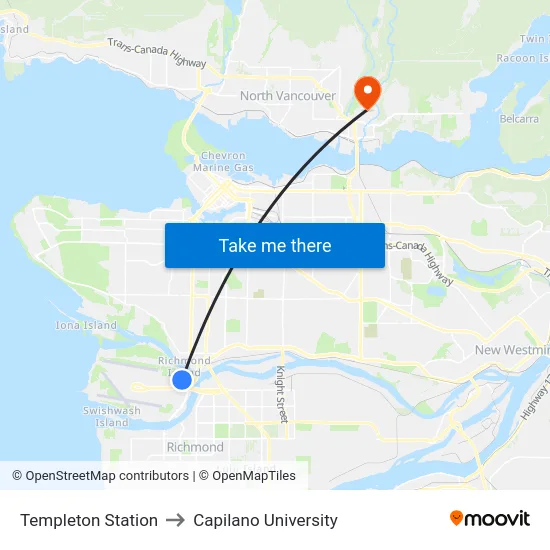 Templeton Station to Capilano University map