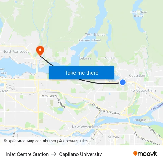 Inlet Centre Station to Capilano University map
