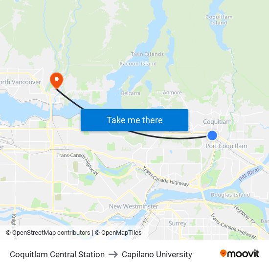 Coquitlam Central Station to Capilano University map